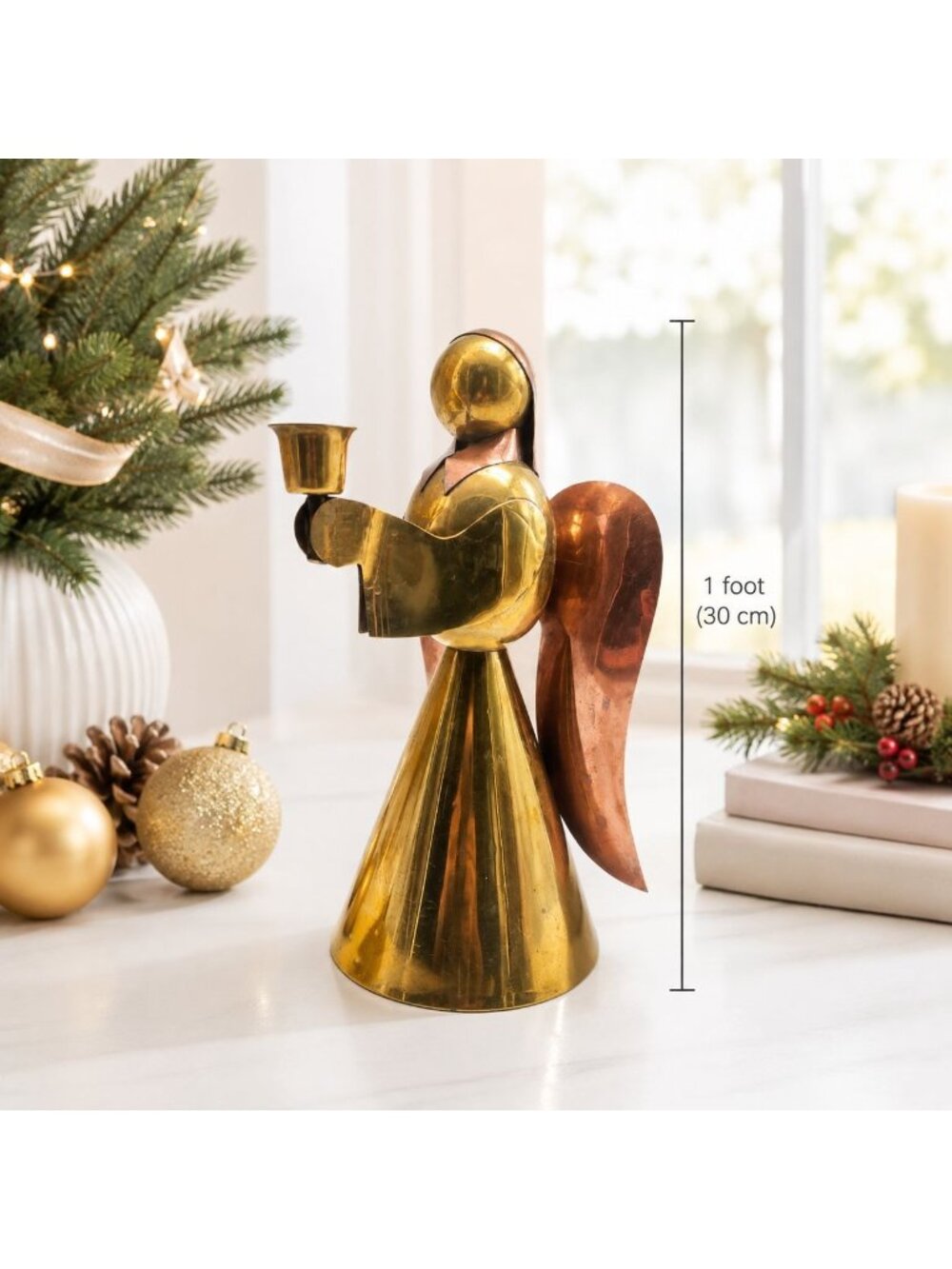 Vintage Brass & Copper Angel Candle Holder 12" Tall Handcrafted Christmas Decor